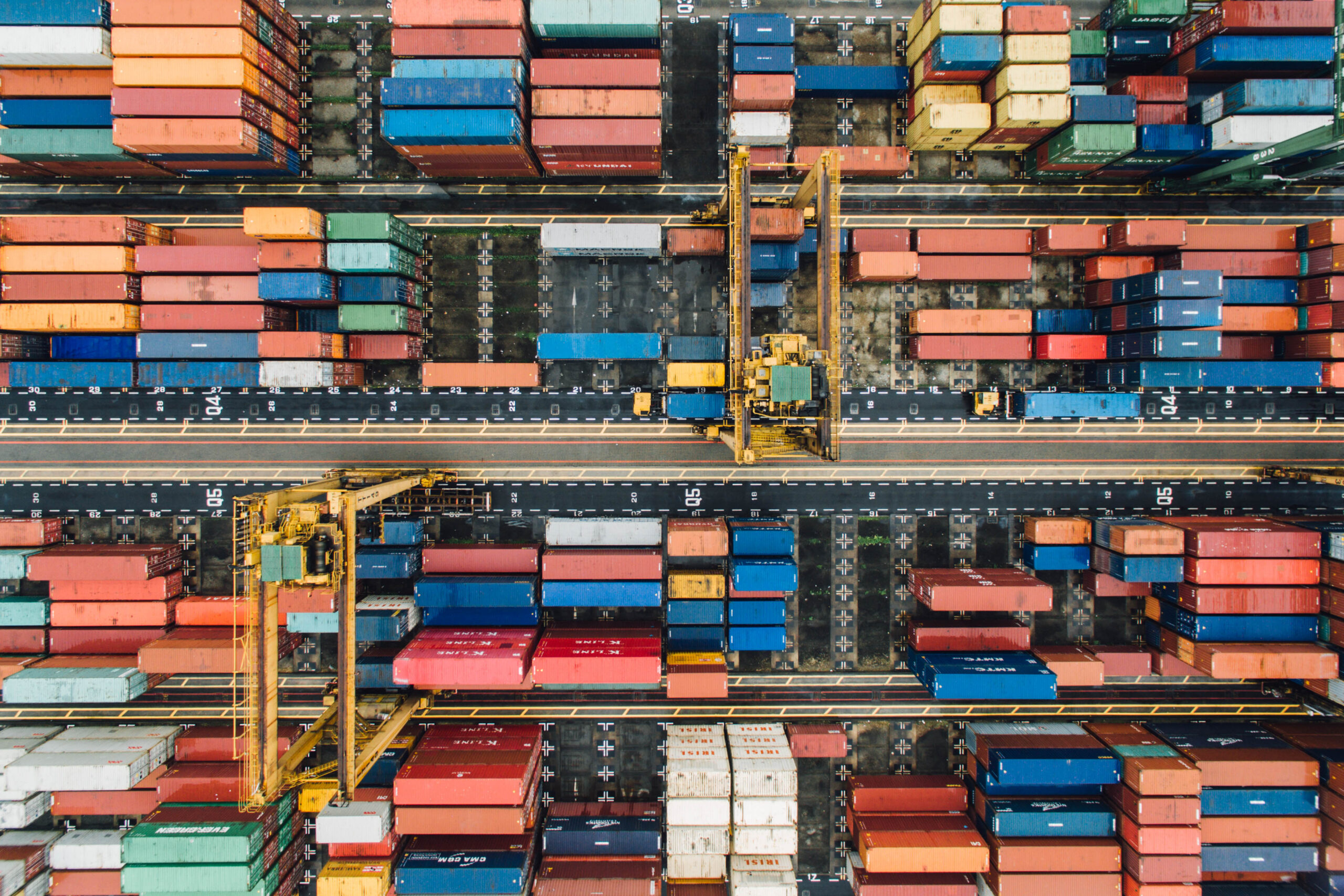 Aerial view of a container terminal supporting international commodity trade and logistics